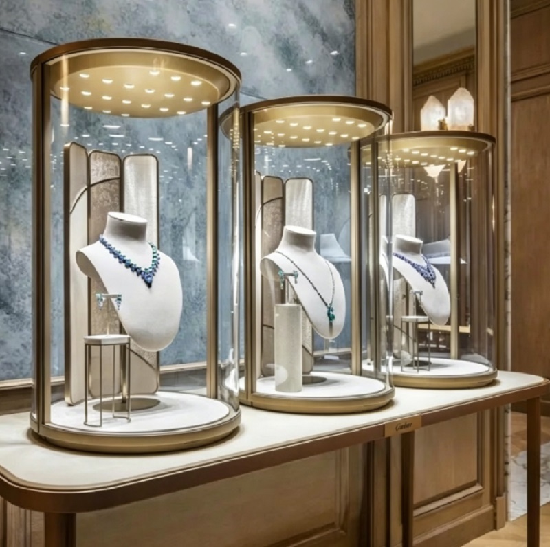Premium Round Glass Jewelry Display Pedestal with Champagne Gold Frame and 360° Unobstructed Viewing Featuring Dimmable LED Spotlights
