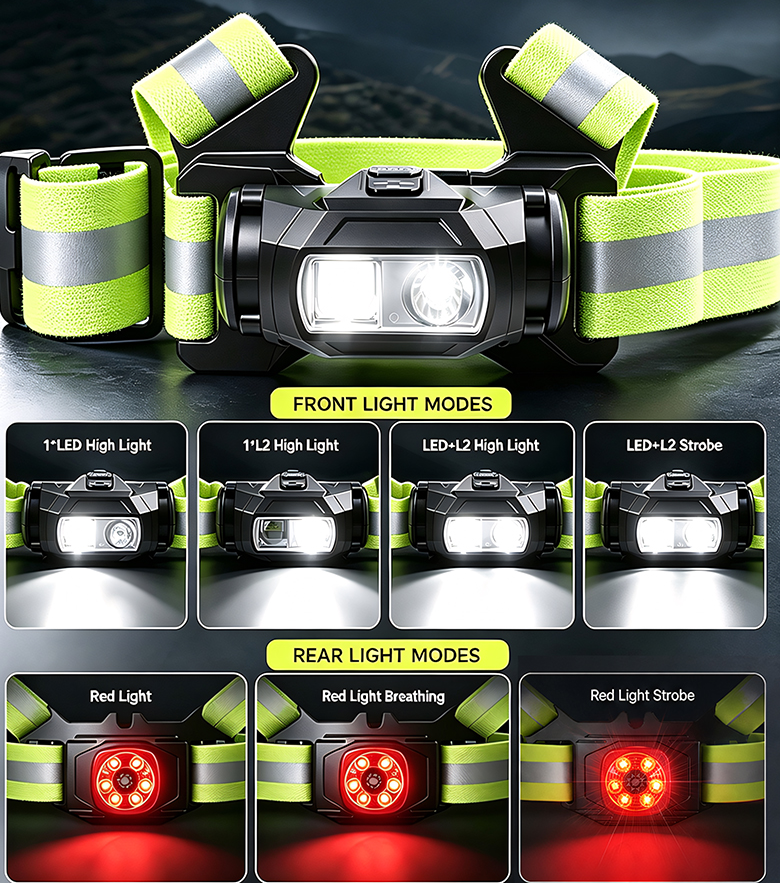 IPX4 Waterproof Chest-Mount Work Light with Dual-Light Source and Reflective Strap for Hands-Free Night Work