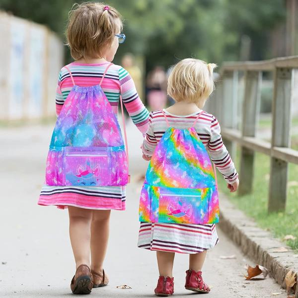 Mesh Drawstring Backpack Bag with Zipper Pocket Beach Bag for Swimming Gear Backpack Gym Storage Bag for Kids