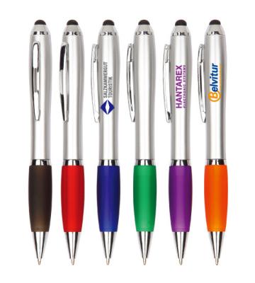 touch style silver barrel cuvy plastic promotional printed logo ball pen