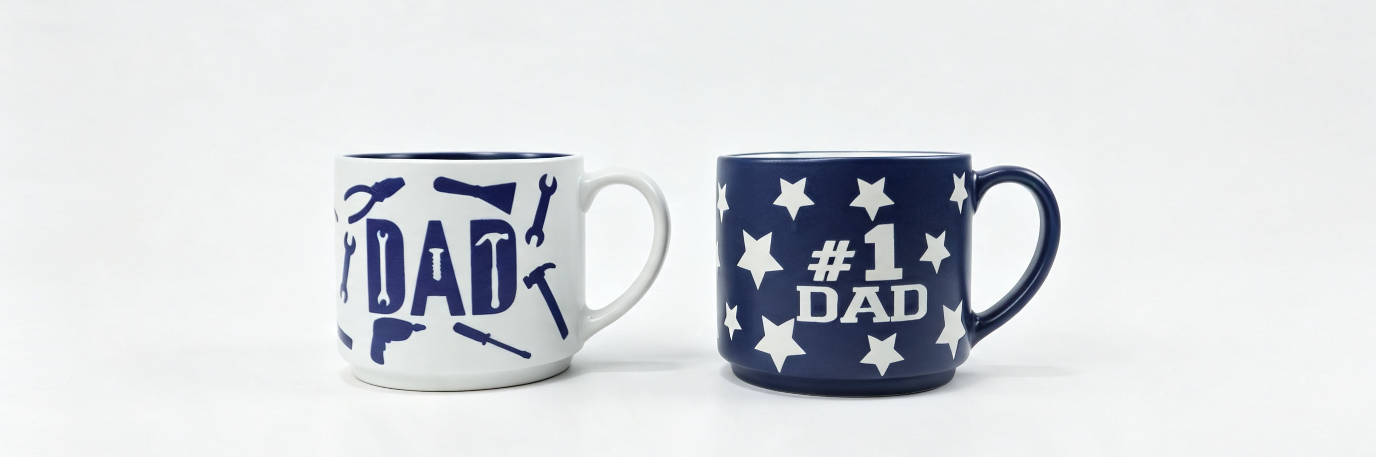 #1 Dad Ceramic Coffee Mug Set of 2, Tool & Star Printed Short Wide Tea Cups, Father’s Day Gift for Dad