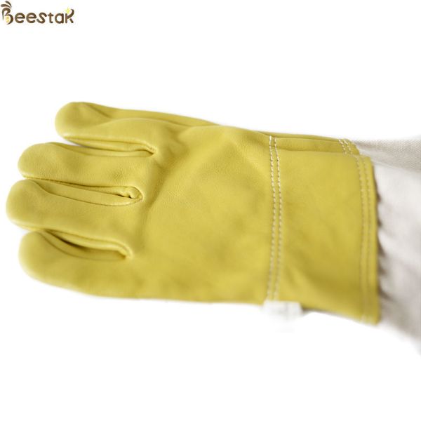 Economic Sheepskin Beekeeping Gloves with Leather and Canvas in Yellow and White for Bee Protection