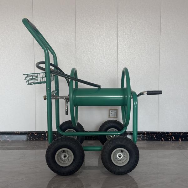Convenient Hose Storage with Green Steel Frame Hose Reel Cart and Brass Hose Connector