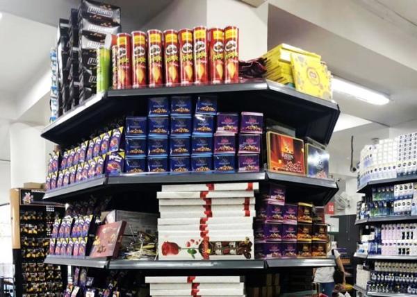 Gray Supermarket Steel Racks / Shop Corner Shelves Plain Buckle Back Panel 2.2M High Columns Around