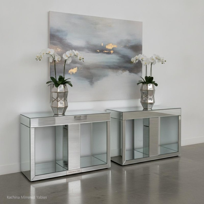 Mirrored Surface Console Table with Faux Gems Inlay - 118x33.5x79cm Entryway Table