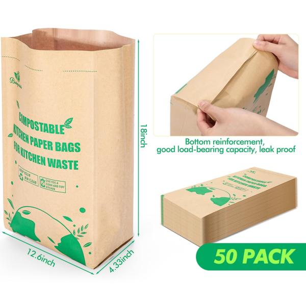 100% Biodegradable Square Bottom Kraft Paper Garbage Bags for Food Waste 50 Lb Capacity
