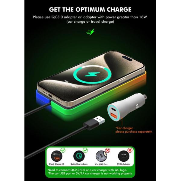 RGB Car Wireless Charging Pad For Apple IPhone/Watch 15W output Power Protection