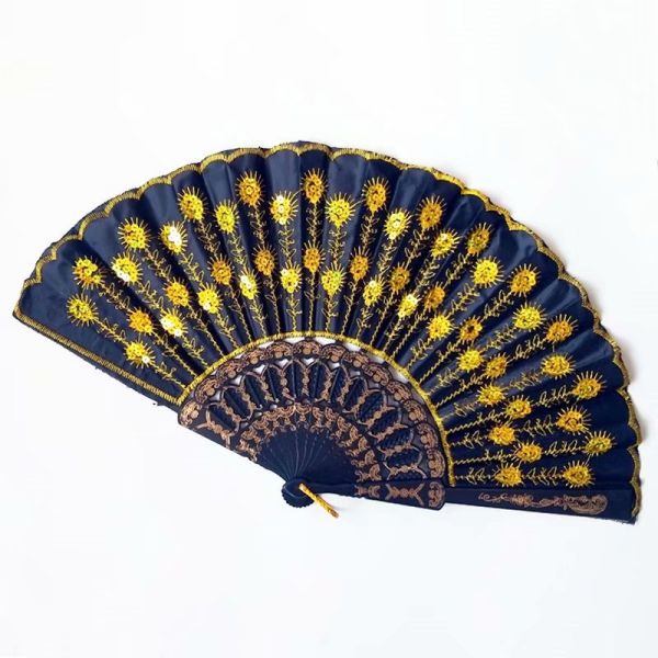 Hot Selling Foldable Hand Held Fan Black Plastic Embroidery Sequin Hand Fan