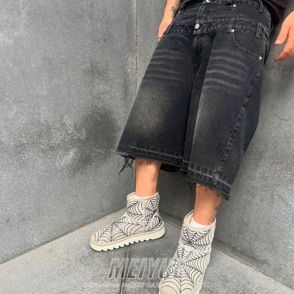 Custom Jogger Double Layer Embroidery Seven Point Logo Streetwear Distressed Black Acid Washed Denim Jeans Shorts for Men