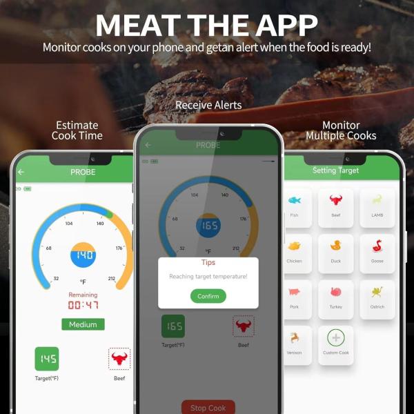 Long distance 150m Remote Smart Bbq  Thermometer Instant Read Digital Bluetooth 5.0 Wireless Meat Thermometer 10 Modes  Meat Thermometer
