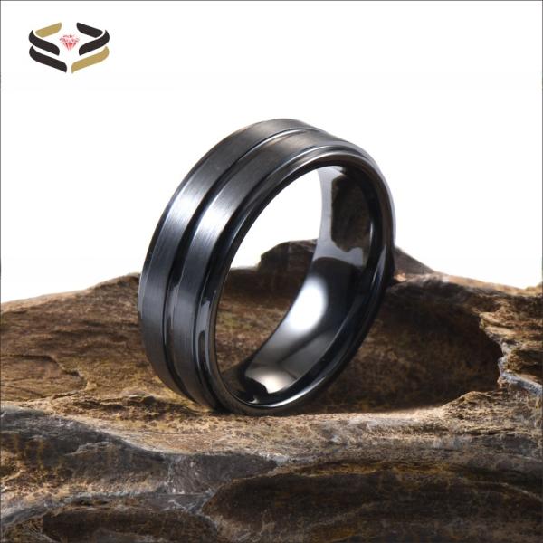 Banda de bodas de cerámica negra de 8 mm, centrada y decorada para hombres, regalo de aniversario