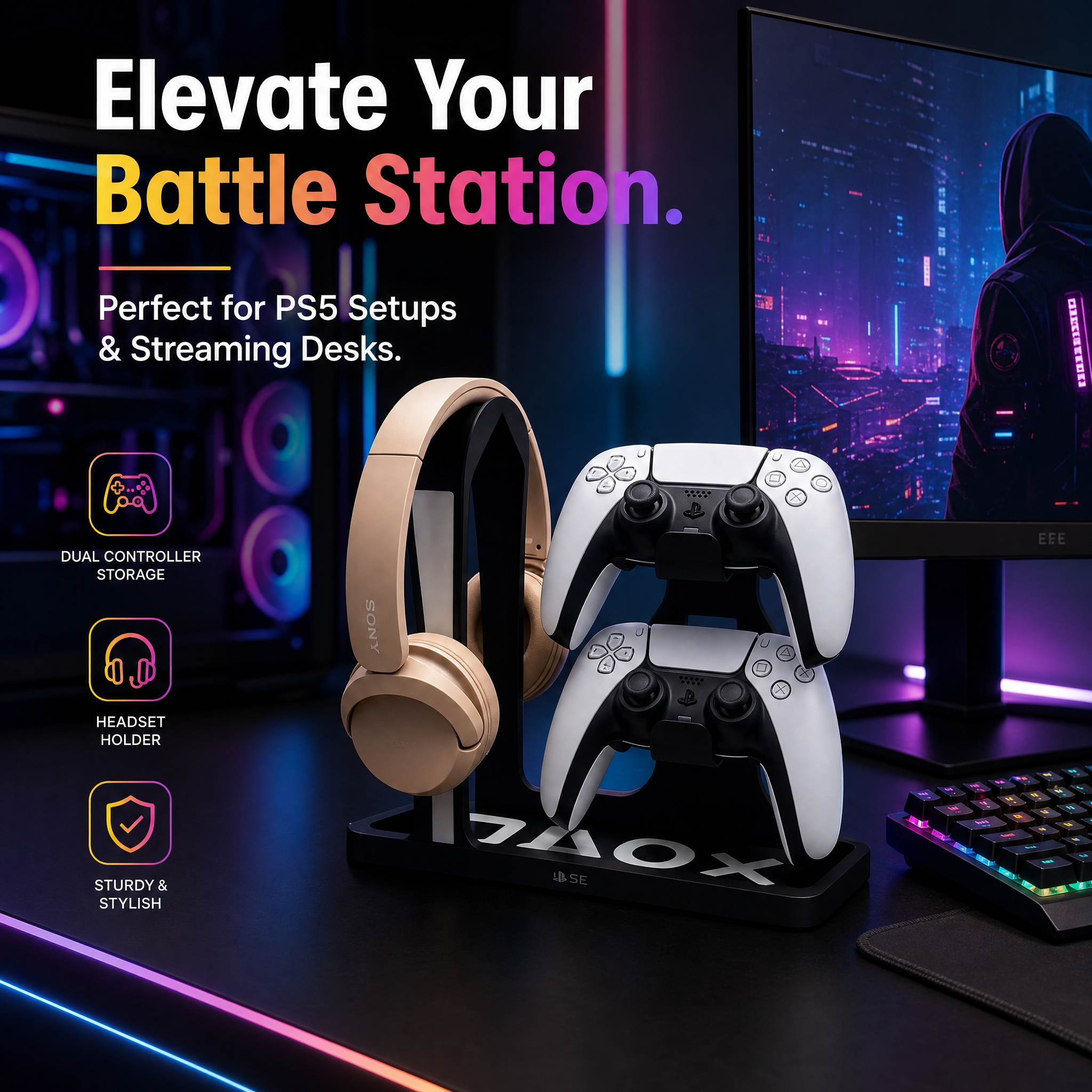 Headset Hanger Digital 3D Printing Game Symbol Base Desktop Dual Controller Holder