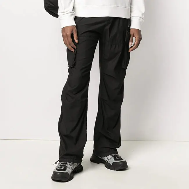 Fashion Design Flared Pants Custom Logo Loose Cargo Trousers Drawstring Pockets Street Nylon Pants