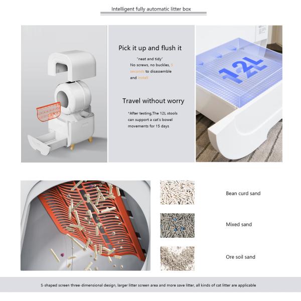 Smart Self Cleaning Large Capacity 12L White Plastic Pet Cat Litter Box for 1-8kg Cats