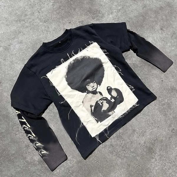 Applique Embroidery Screen Printed Boxy Long Sleeve T Shirt 250grams