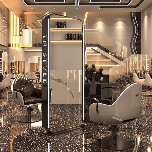 Modern LED Hair Salon Mirror Floor Stand Double Sided Barber Station Mirror with Light Black Frame for Hairdressing Furniture