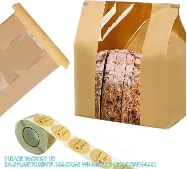 Large Kraft Paper Bread Bags Homemade Bread Loaf Bags 14 X 8.3 X 3.5 With Tin Tie Tab Lock Clear Front Window