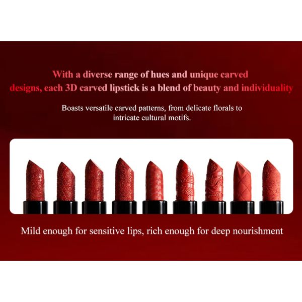 Private Label Microscopic Carvings Moisturizing Solid High Pigment Cosmetics Waterproof Long Lasting 3D Carved Lipstick