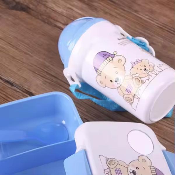 Customized Logo Acceptable Children Cartoon Lunch Box Set with 500ml Straw Kettle