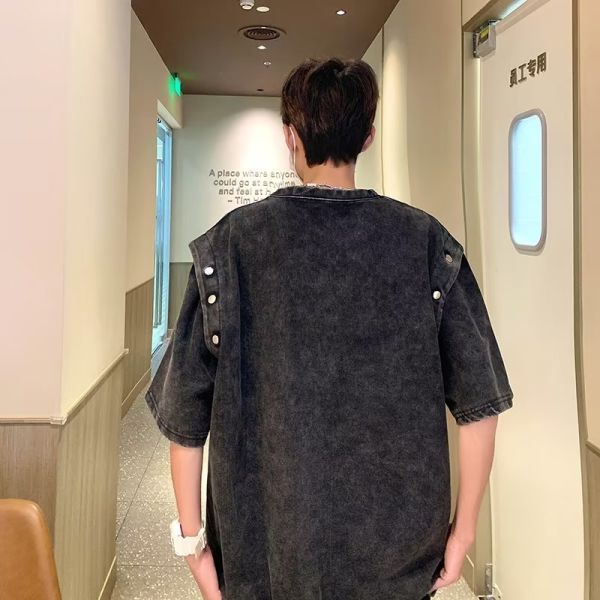 Vintage Detachable Short Sleeve T-Shirt Men's Loose Heavy Cotton Acid Wash T Shirt Top Summer Trend Brand T Shirts