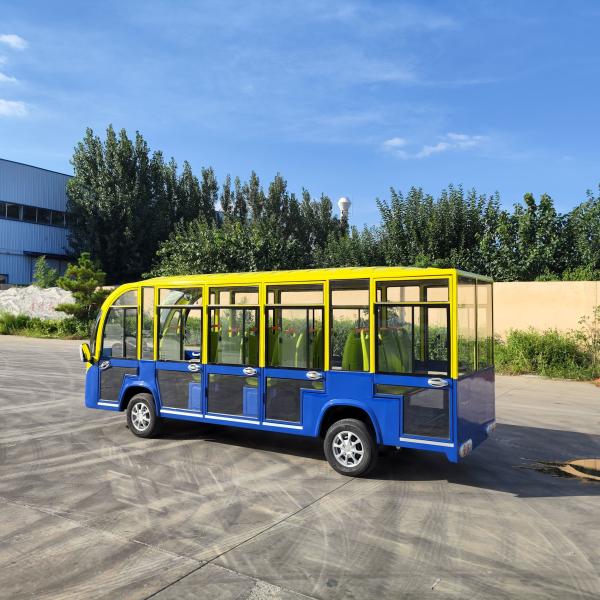 Ônibus elétrico de turismo amarelo e azul de 14 lugares com ar condicionado, bateria de lítio de 72v, pneu de 14 polegadas