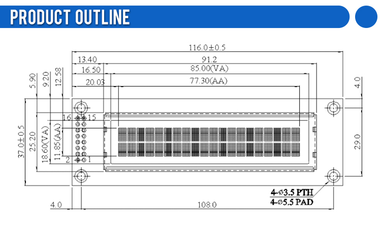 OLED002002A Character LCD Module, Black Film, Parallel Interface, 85x18.6mm View Size,  WS0010-TX Controller