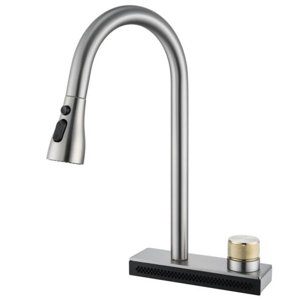 Modern Kitchen Faucet with Pull Down Sprayer Stainless Steel Brushed Nickel Commercial Bar Waterfall