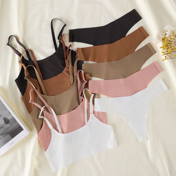 High Quality Women Seamless Bra Thong Set Wire Free Bra Solid Color Underwear Set for Ladies