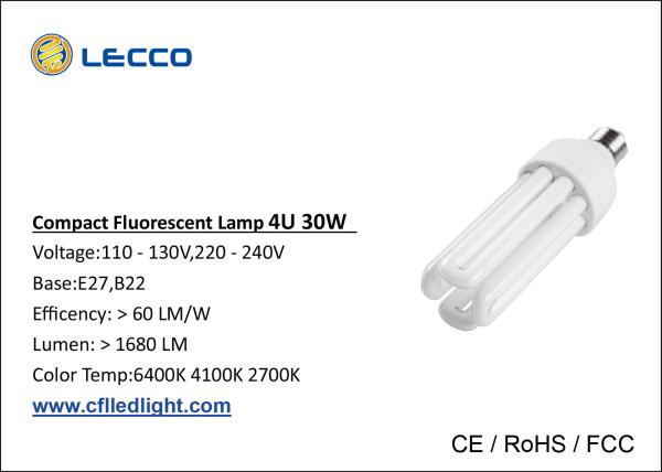 30W T4 Compact Fluorescent Lamps E27 , 4 Pin Cfl Light Bulb Nickle Plated AL Base