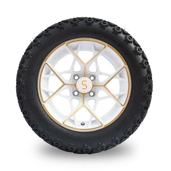Gold White 14 Inch Golf Cart Rims And Tires Combo 4PLY 101.6 PCD