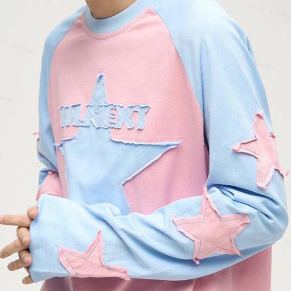 Logotipo personalizado T-shirt de manga longa bordada com patchwork aplicado para a vida cotidiana casual