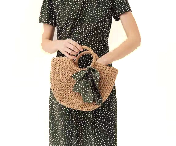 Brown Corn Skin Crochet Hand Bag Small With Green Scarf Bow Woven ODM