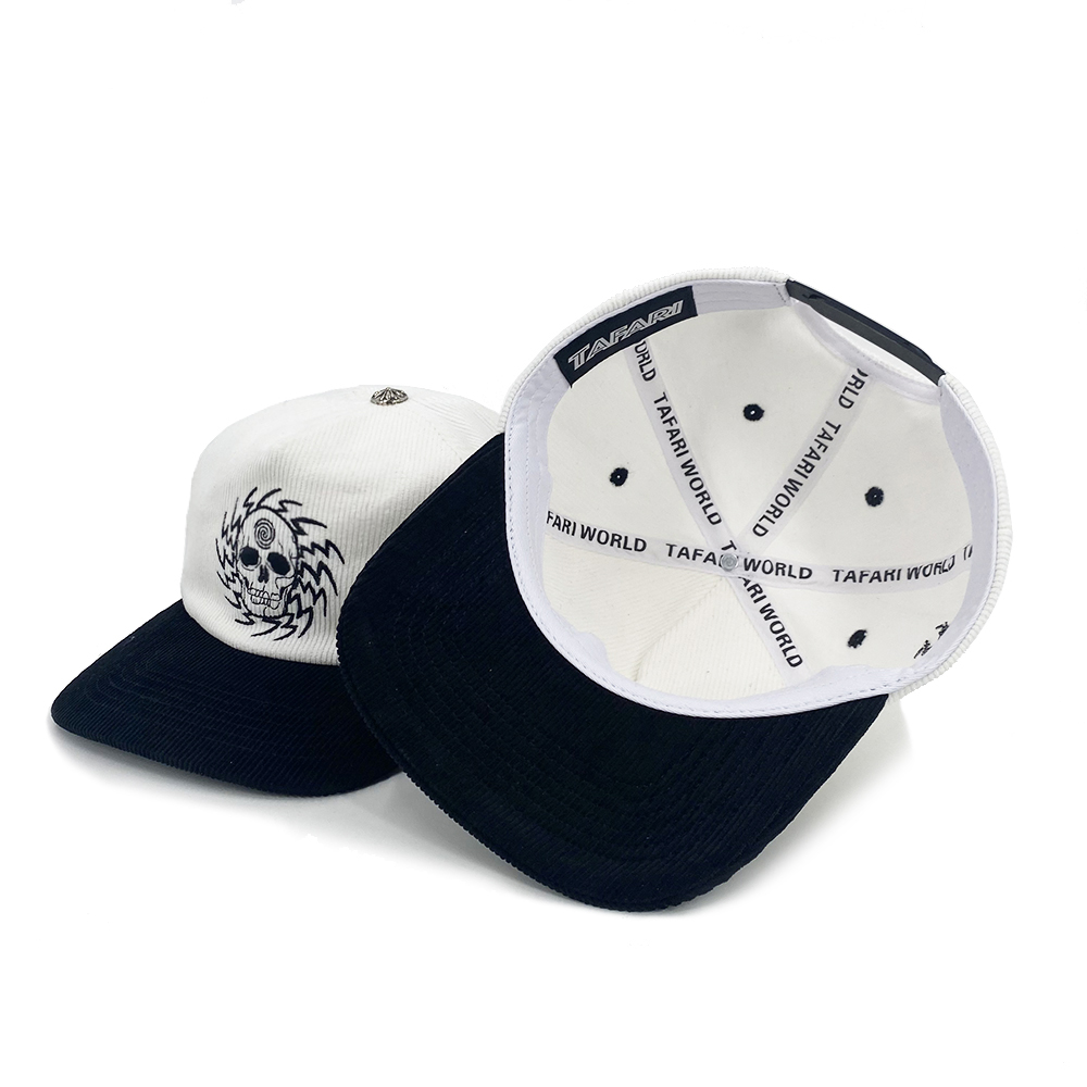 5 Panel Corduroy Unstructured Snapback Caps Custom Embroidery Flat Brim Metal Button