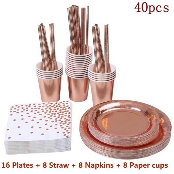 Eco-Friendly Disposable Party Supplies Gold Dot Pink Disposable Party Dinnerware Set