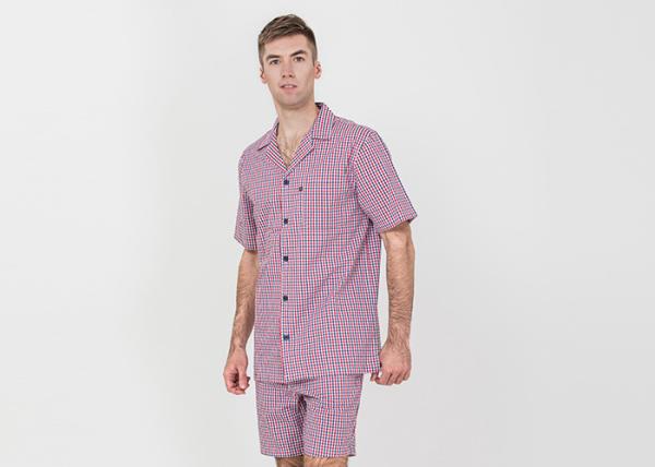 Cool Mens Button Up Pyjamas Woven Cotton Yarn Dyed Check Short Sleeve Shirt