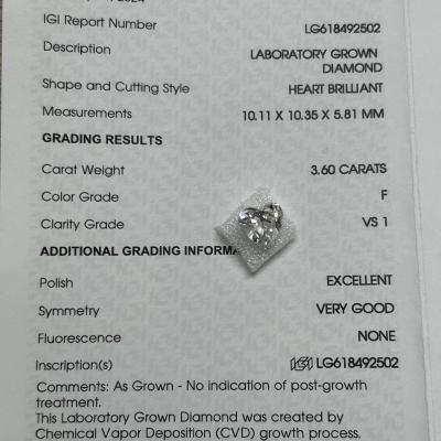 3.6ct Lab Made Diamonds Heart Brillant Cut  CVD F VS1 2EX N IGI LG618492502