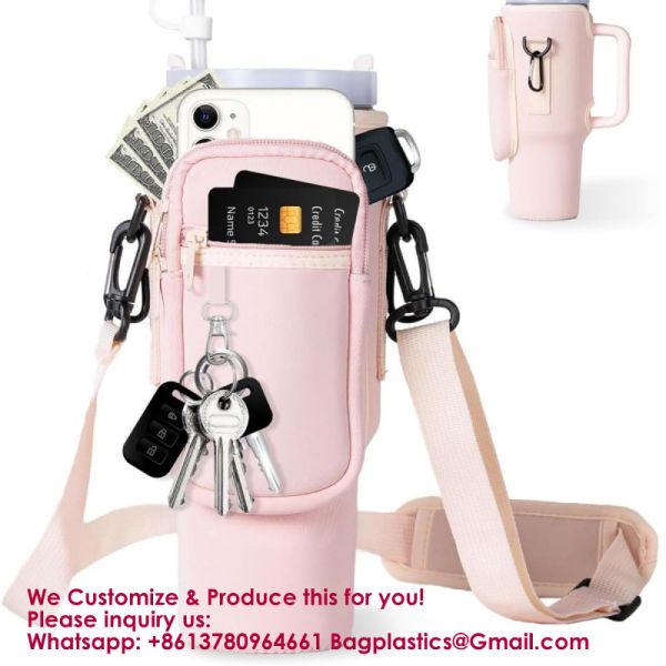 Adjustable Strap Neoprene 40oz Water Bottle Carrier Sleeve Pouch Tumbler Cup Holder Sling Bag With Phone Pocket