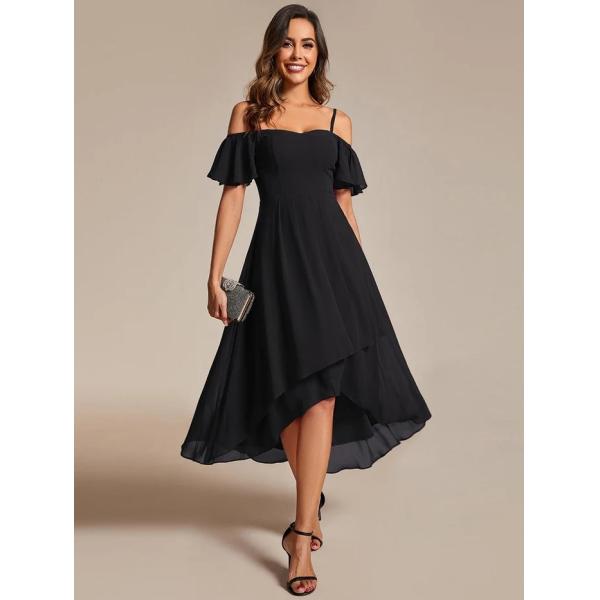 Empire Off-shoulder Spaghetti Strap Zipper High-low Wedding Guest Dresses Short Sleeves Pink Chiffon Bridesmaid Dress