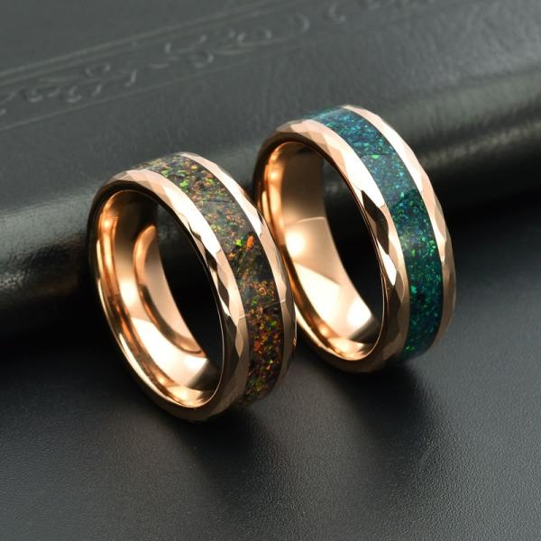 Bague de mariage pour homme en opale bleue de 8 mm, or rose, tungstène facetté, incrustation d'opale colorée broyée, bague de fiançailles de luxe, promesse