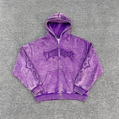 Custom Embroidered Patch Heavyweight Hoodie French Tetty Acid Wash Vintage Zip Up Distressed Oversized Zipper Hoodie
