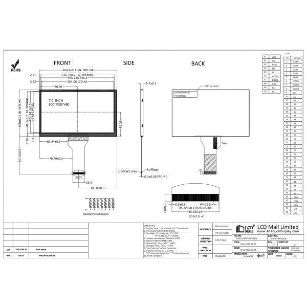 Customized Screen LCD Display 7inch 800*480 Transmissive RGB Interface 350cd