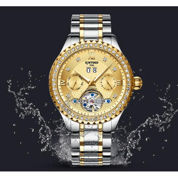 Chronograph Luxury Mechanical Watches Gold Dial 30M Daily Waterproof
