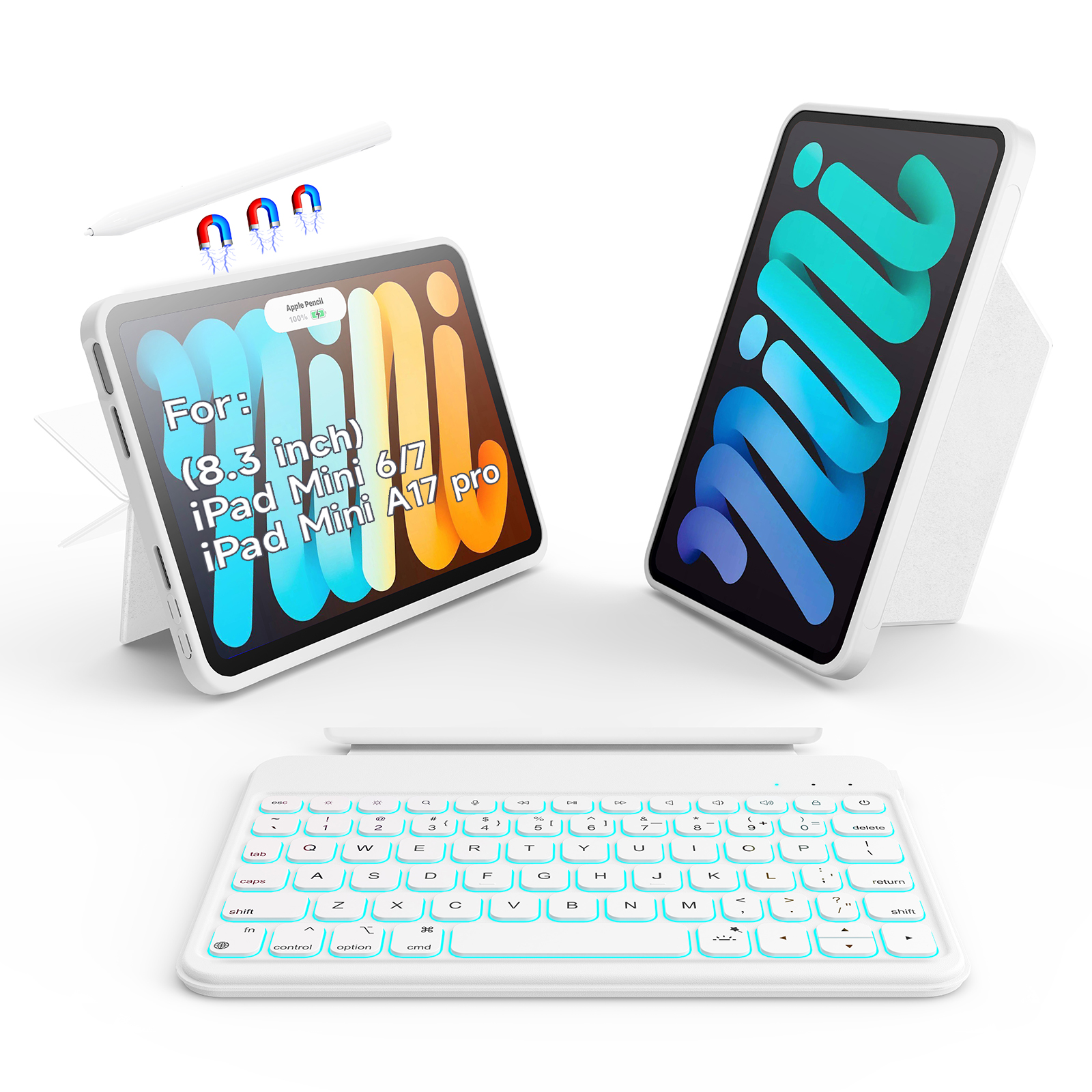 Laudtec Smart Tablet Cover PU Leather Wireless Scissor 64 Keys Keyboard Case with Auto Wake/Sleep for iPad Mini6/7 8.3 Inches