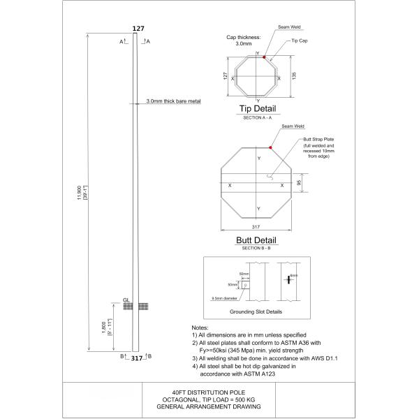 Q345 Steel Material 40FT Hot Dip Galvanized Electric Steel Pole