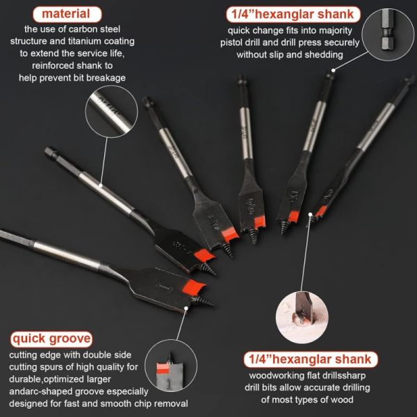 6pcs Wood Drill Bit High Speed Flat Long Drill Bits For Wood 3/8in - 1in