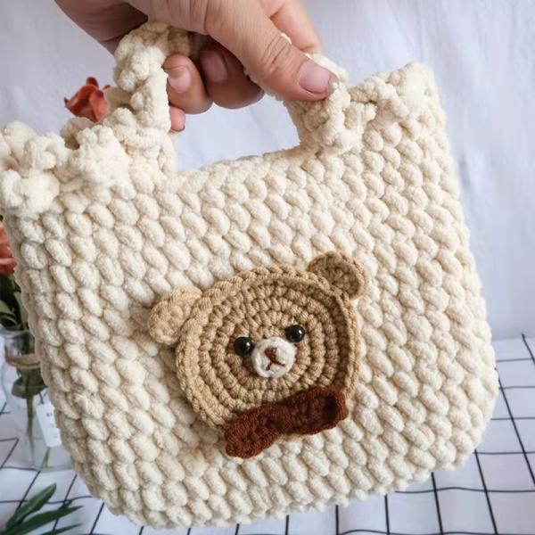 Cotton Wool Bear Crochet Hand Bag Hand Woven White Color OEM ODM