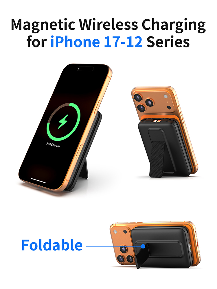 10000mAh Magnetic Wireless Power Bank, 3‑in‑1 Portable Charger with Built‑in Lightning & Type‑C Fast Charging Cables, Foldable Stand, LCD Digital Display, Compact External Battery Pack for Phones