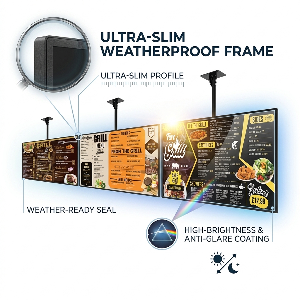 QM-4315GPW 43 Inch Digital Menu Board with 500 cd/m2 High Brightness and IP65 Dustproof Waterproof Protection
