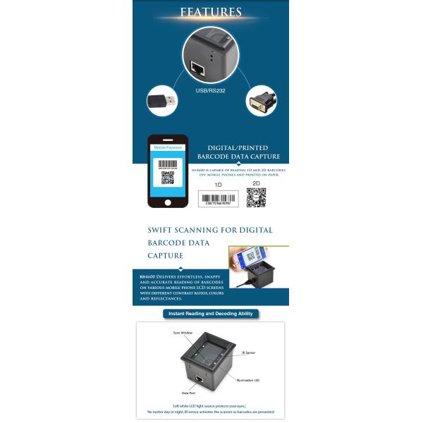 Kiosk Barcode Scanner Module Auto Sense Mode RS232 Cable For Phone Screen Code