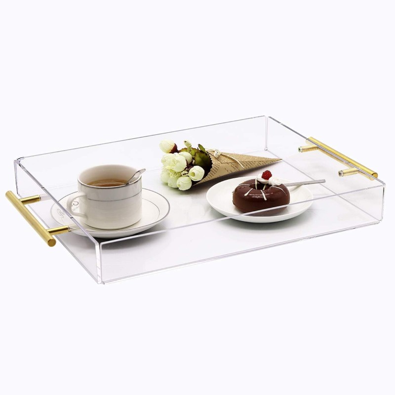 Clear Acrylic Single-Tier Serving Tray with Gold Handle Classic Design Spill Proof Tray for Kitchen Bathroom for Food Tools